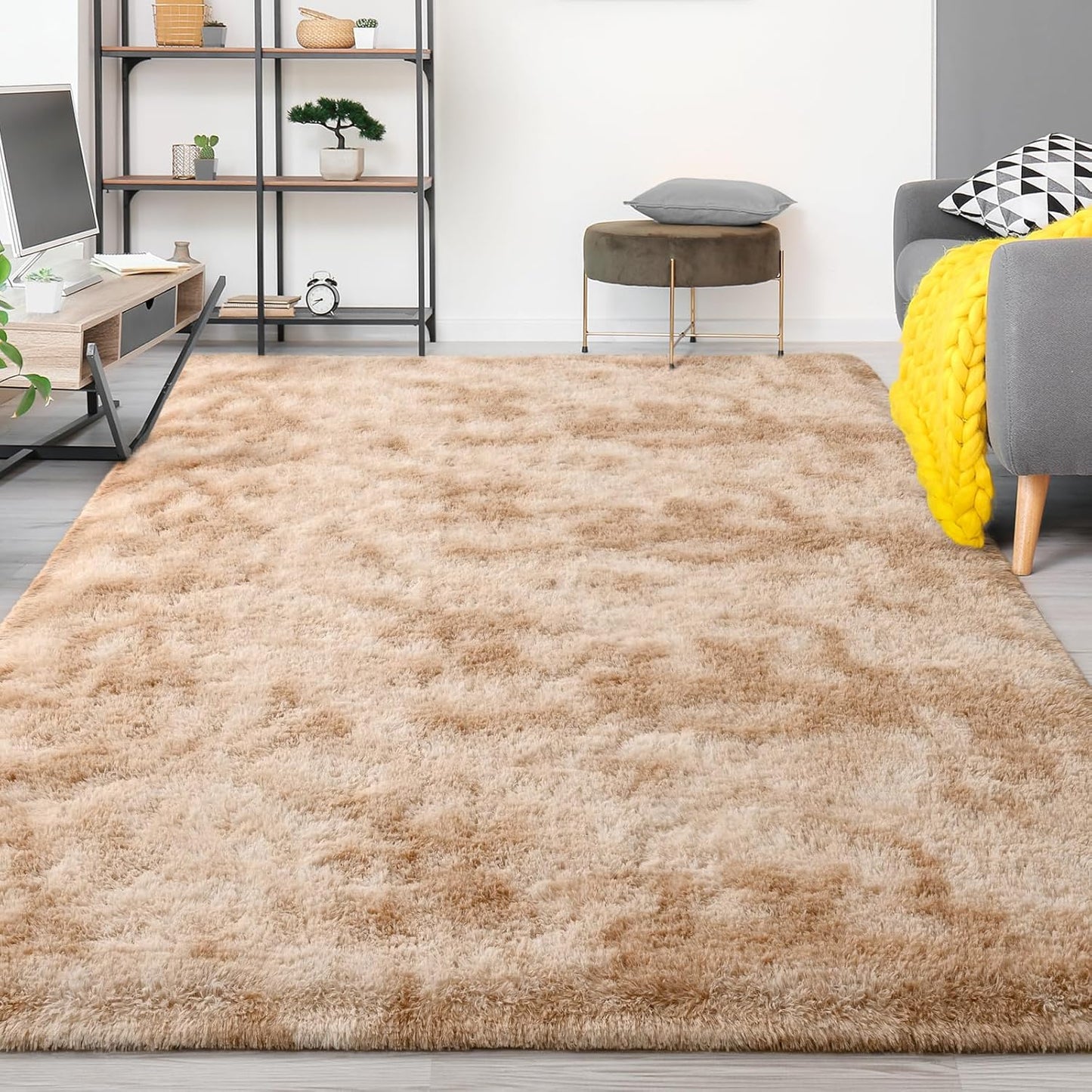 FlyDOIT Large Area Rugs for Living Room, 4x6 Feet Tie-Dyed Beige Shaggy Rug Fluffy Throw Carpets, Ultra Soft Plush Modern Indoor Fuzzy Rugs for Bedroom Girls Kids Nursery Room Dorm Home Decor