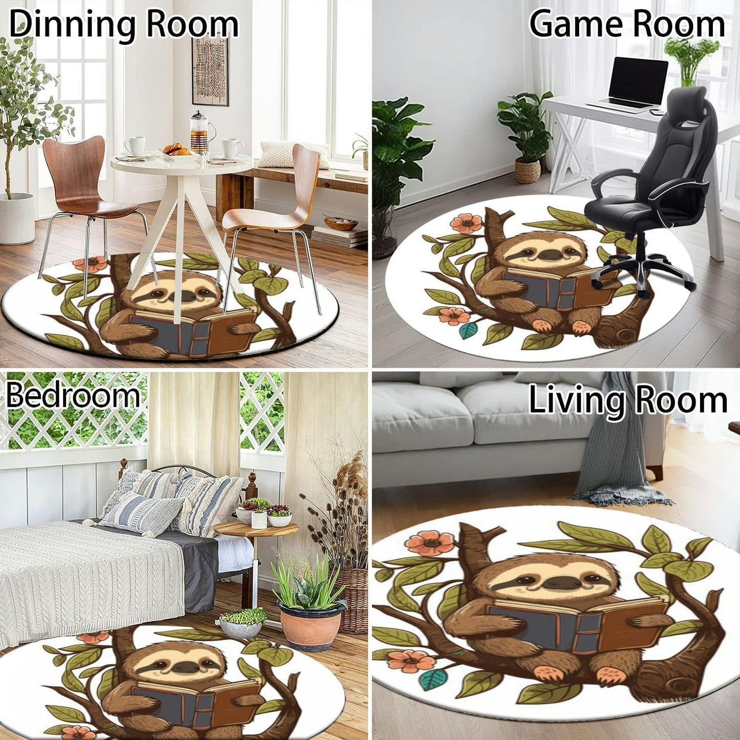 Round Rug 4ft Circle Area Rug Reading Sloth! This Sloth is Enjoying a Good Book Carpet Washable Small Round Rugs for Bedroom Aesthetic Bathroom Laundry Living Room Kitchen Outdoor, RT-666
