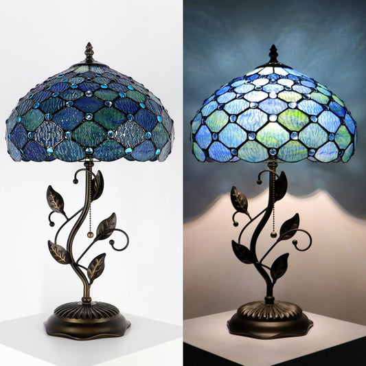 Tiffany Lamp Sea Blue Water Ripple Style Stained Glass Table Lamp Desk Bedside Reading Light 12X12X19 Inches with Metal Leaf Base