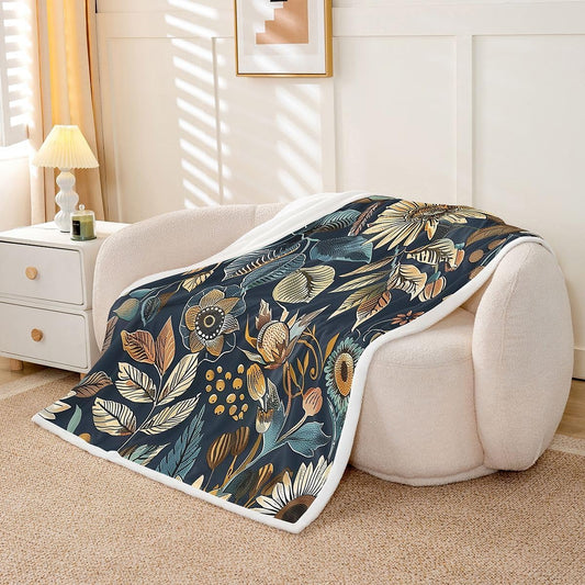 Feelyou Blue Boho Throw Blanket Vintage Floral Soft Fleece Sherpa Cozy Fuzzy Plush Warm Retro Flower Paisley Botanical Fuzzy Plush Throw Twin 60"x80" for Bed Couch Living Room