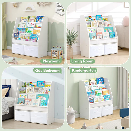 MallBest Solid Wood Toddler Bookshelf with Storage Bins – Montessori-Inspired Front-Facing Book Rack for Kids, Ages 1-5, Easy Assembly, White