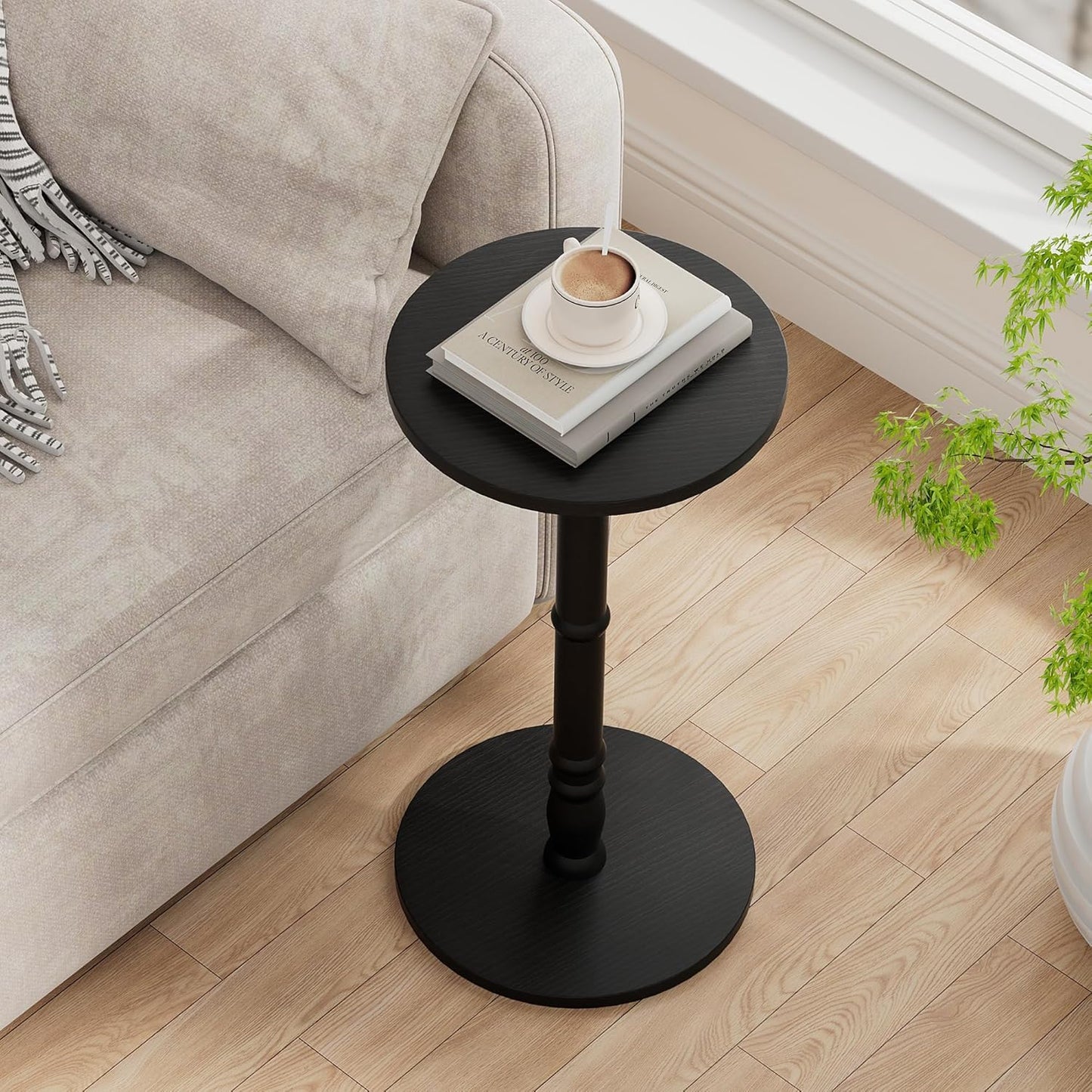12" Round Side Table, Solid Wood Pillar with Wood Top & Base, Small Drink Accent Table for Living Room, Bedroom, Sofa & Office, Easy Assembly, Black
