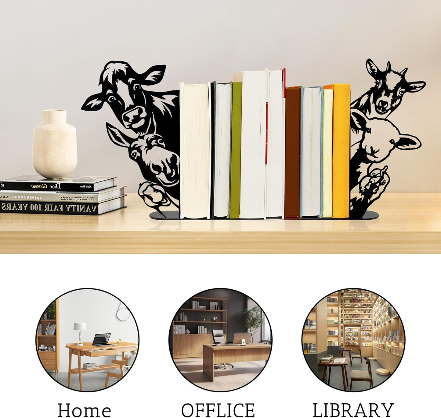 Ecqizer Metal Farmhouse Peeking Animals Bookend, Unique Decorative Book Ends for Shelves, Cute Bookshelf Decor, Bookshelf Decorative Objects for Home Office Desk Bookshelf Decor, Black