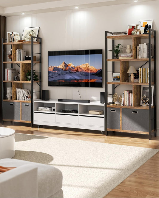 Armocity Bookshelf with Drawers - 5 Tier Tall Bookcase Geometric Modern Book Shelf Display Standing Bookshelves with Storage for Living Room, Bedroom Home Office, Rustic Brown