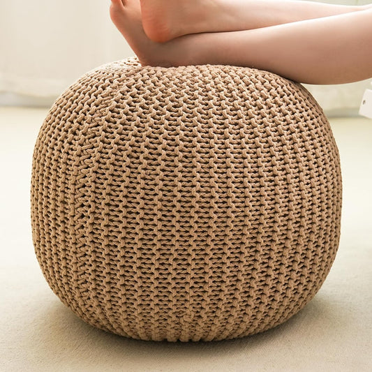 Pouf Ottoman Stuffed Round Modern Foam Filled Foot Rest Poufs for Living Room Chair Decorative 20 X 14 Inches Boho Relax Stool for Wedding Christmas Party, (Khaki, 20inch)