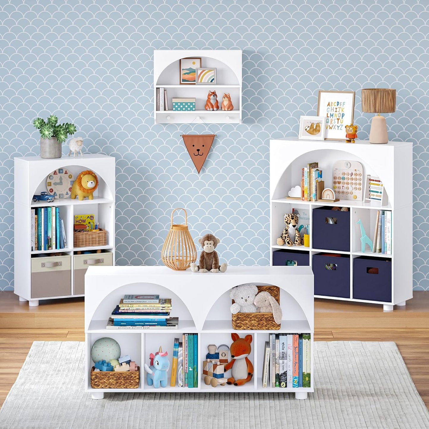 RiverRidge Kids Curve Appeal Bookcase with 4 Storage Cubbies - Modern Arched Design Toy Storage Organizer for Books & Playroom