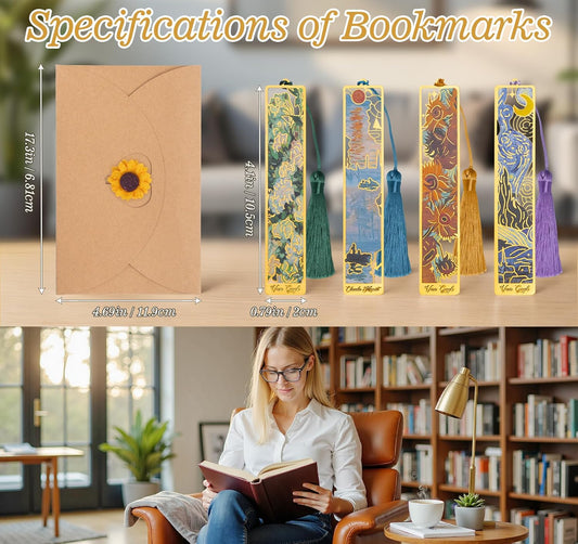 4 Pieces Metal Bookmarks Exquisite with Tassel,Golden Hollow Bookmark with Envelopes,Oil Painting Theme Vintage Book Mark,Pretty Bookmarks for Friends Teachers Students Birthday Present