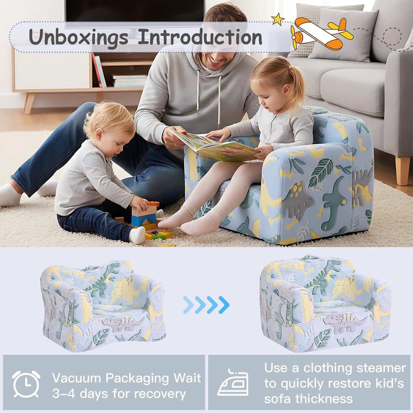 Tiita Kids Sofa, Childrens Couch with Carry Handle, Portable Toddler Foam Sofa Couch, Glow in The Dark Nursery Kids Couch, Lightweight Kids Chair for Playroom, Dorm Room, Small Space, Grey Dinosaur