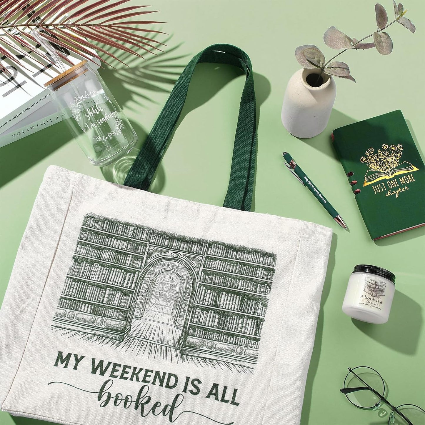 Set of 5 Book Lovers Gifts for Women 16oz Drinking Glass Scented Candle Canvas Tote Bag A6 Journal with Ballpoint Pen for Reader Librarian Bookish Student Teacher Birthday Gifts(Green)