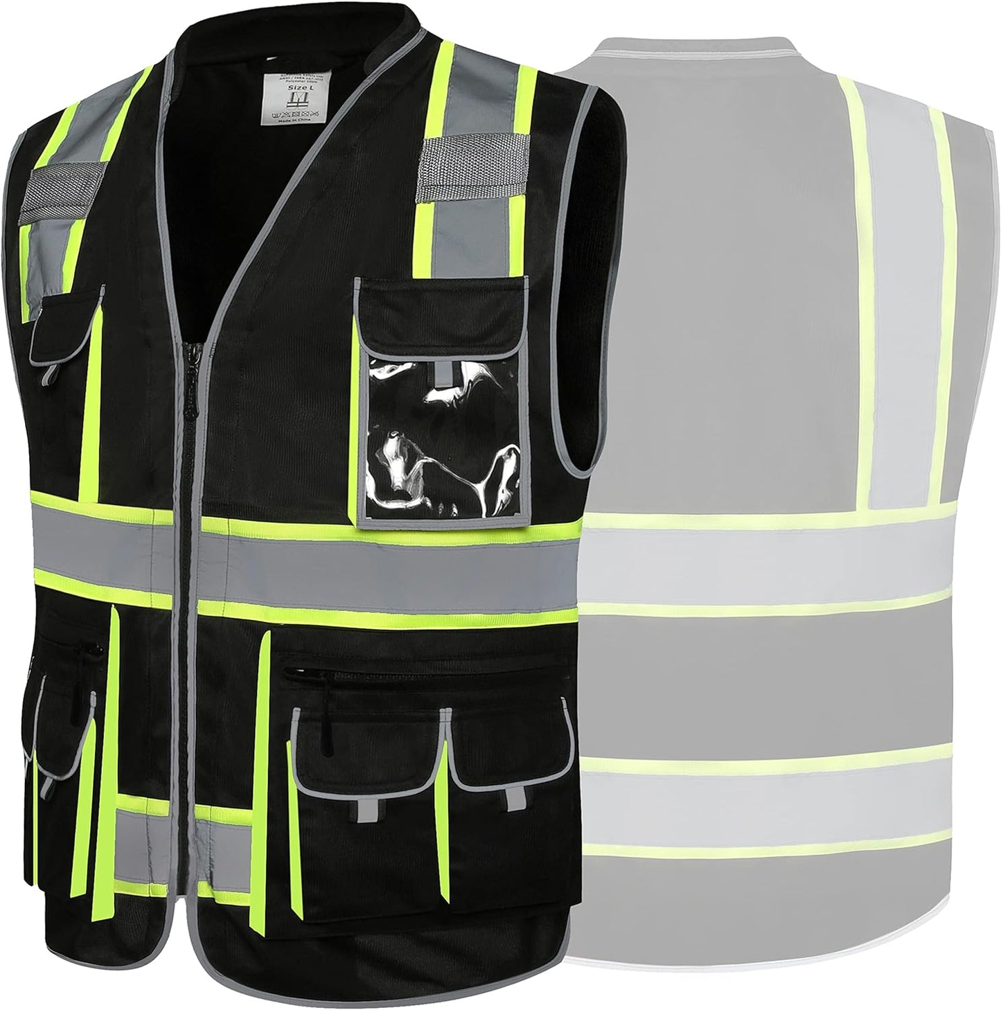 JKSafety 10 Pockets Hi-Vis Zipper Front Black Safety Vest | Cushioned Collar | High Reflective Tapes with Extended Neon Yellow Strips | Meets ANSI/ISEA Standards (Large, 89-Black)