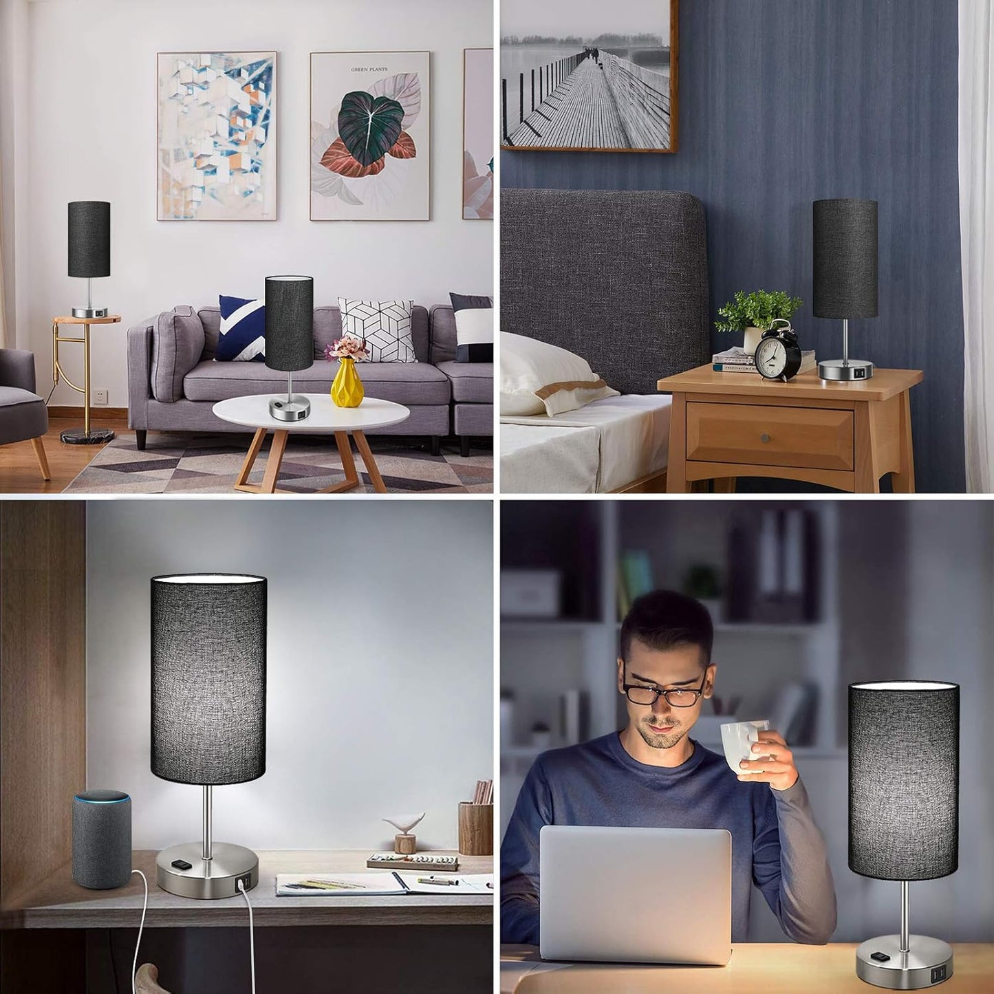Black Touch Control Table Lamp Set of 2, with 2 USB Charging Ports&AC Outlet, 3-Way Dimmable Bedside Nightstand Lamps with Fabric Lampshade for Reading, Bedroom, Living Room, A19 LED Bulbs Included