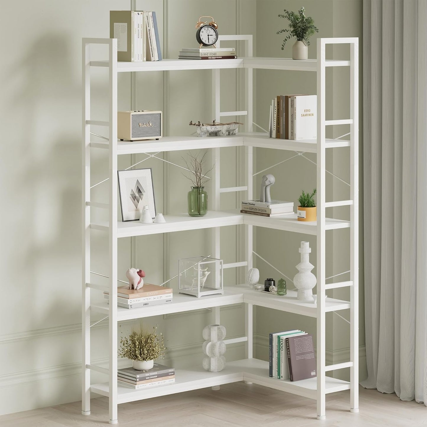 5-Shelf Corner Bookshelf, Large Open Shelf Bookcase,White Metal Frame, L-Shaped Storage Rack with Cross Braces for Living Room Home Office