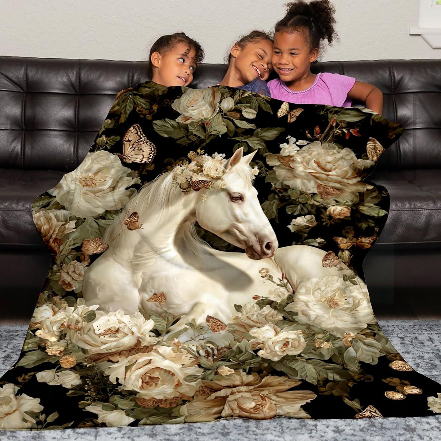 Horse Throw Blnaket Gifts for Women Girls Kids Adults, Super Soft Funny Vintage White Horses Blanket Gifts for Horse Lovers, Warm Cozy Plush Fleece Flannel Throw Blankets 50"X40" for Couch Bedding