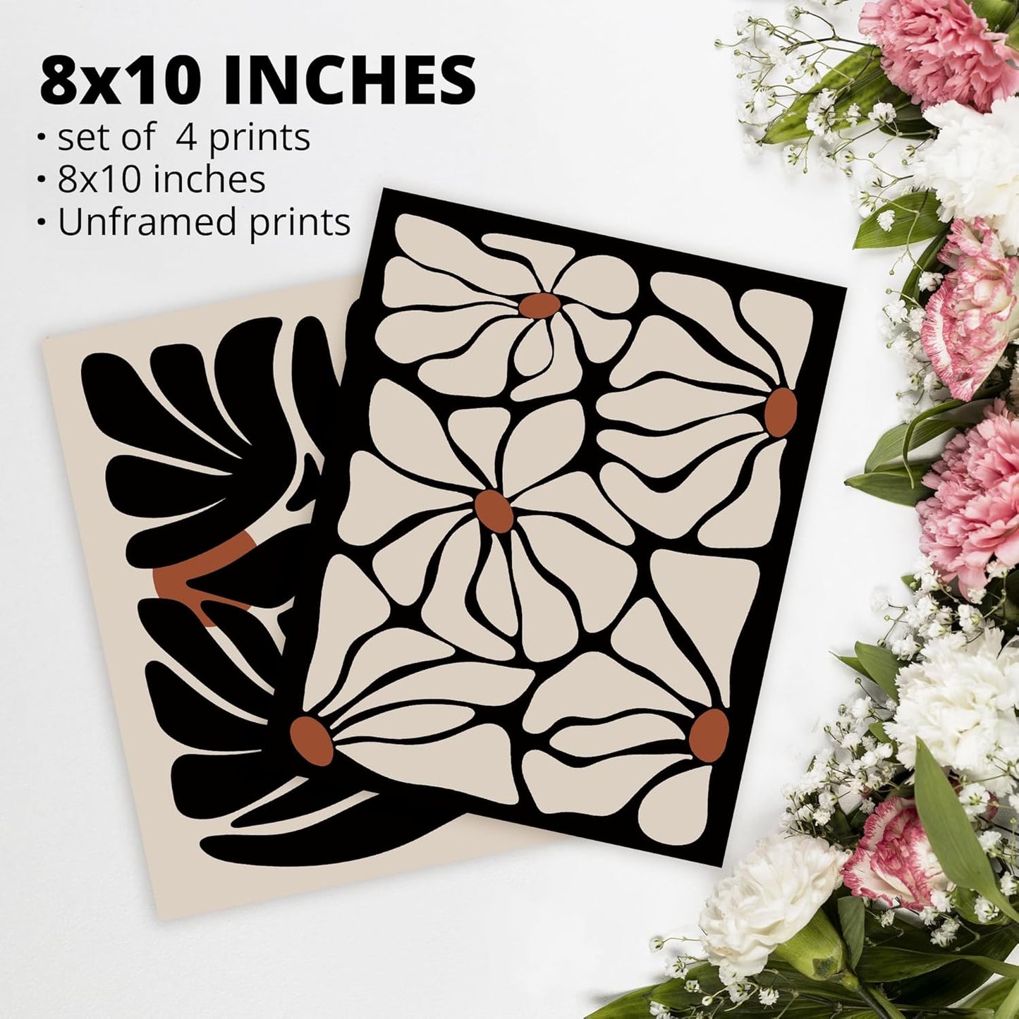 Abstract Boho Black flowers Plant Poster Prints for Home Living Girl Room Dorm Office Decor,Vintage Botanical Bohemian Neutral Floral Decorations Prints Aesthetic Wall Art Unframed 4pcs