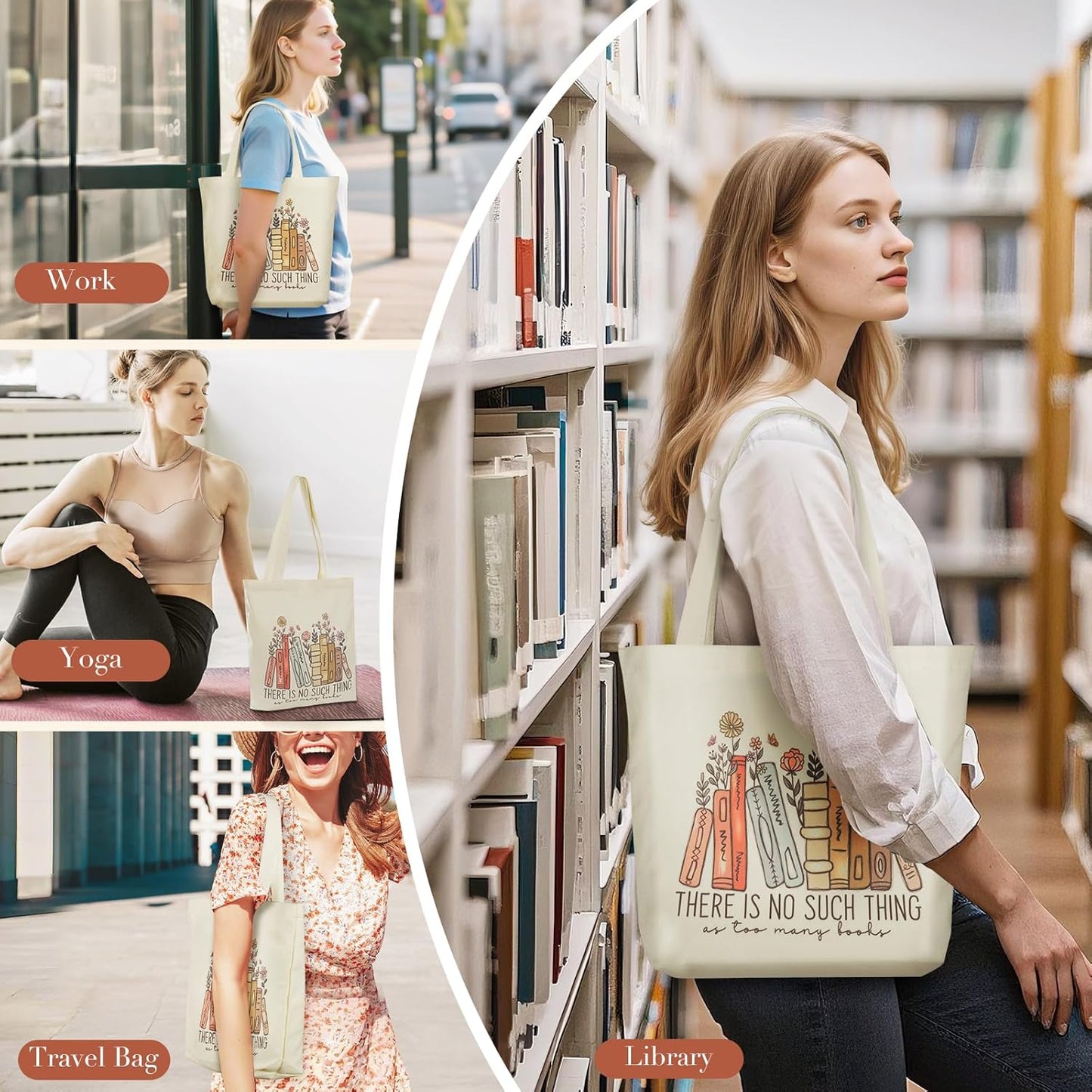 BROADREAM Canvas Tote Bag for Girls, Reusable Large Shoulder Bag with Zipper & Small Cosmetic Bag for Gym, Work, Shopping