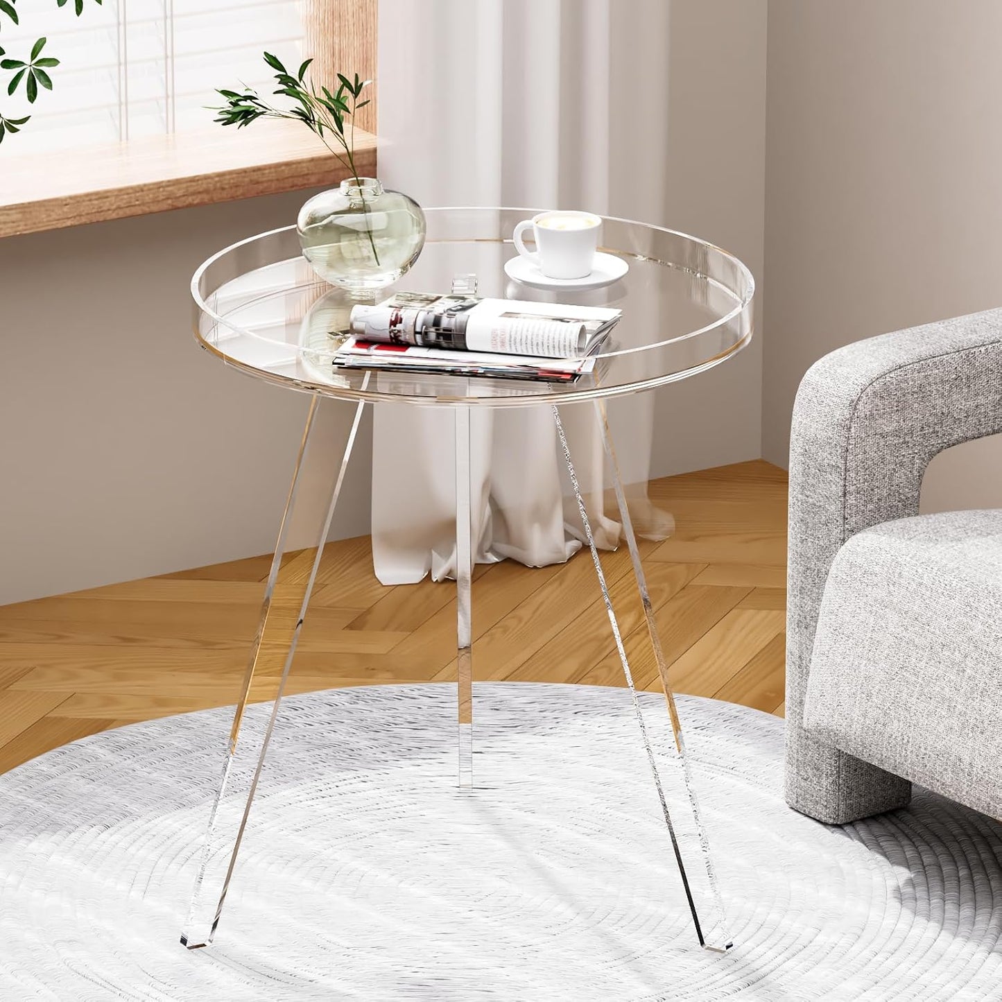 Clear Acrylic Side Table, Round End Table Nightstand Bedside Table Small Circle with Tray for Living Room Bedroom Office Small Space (Clear)