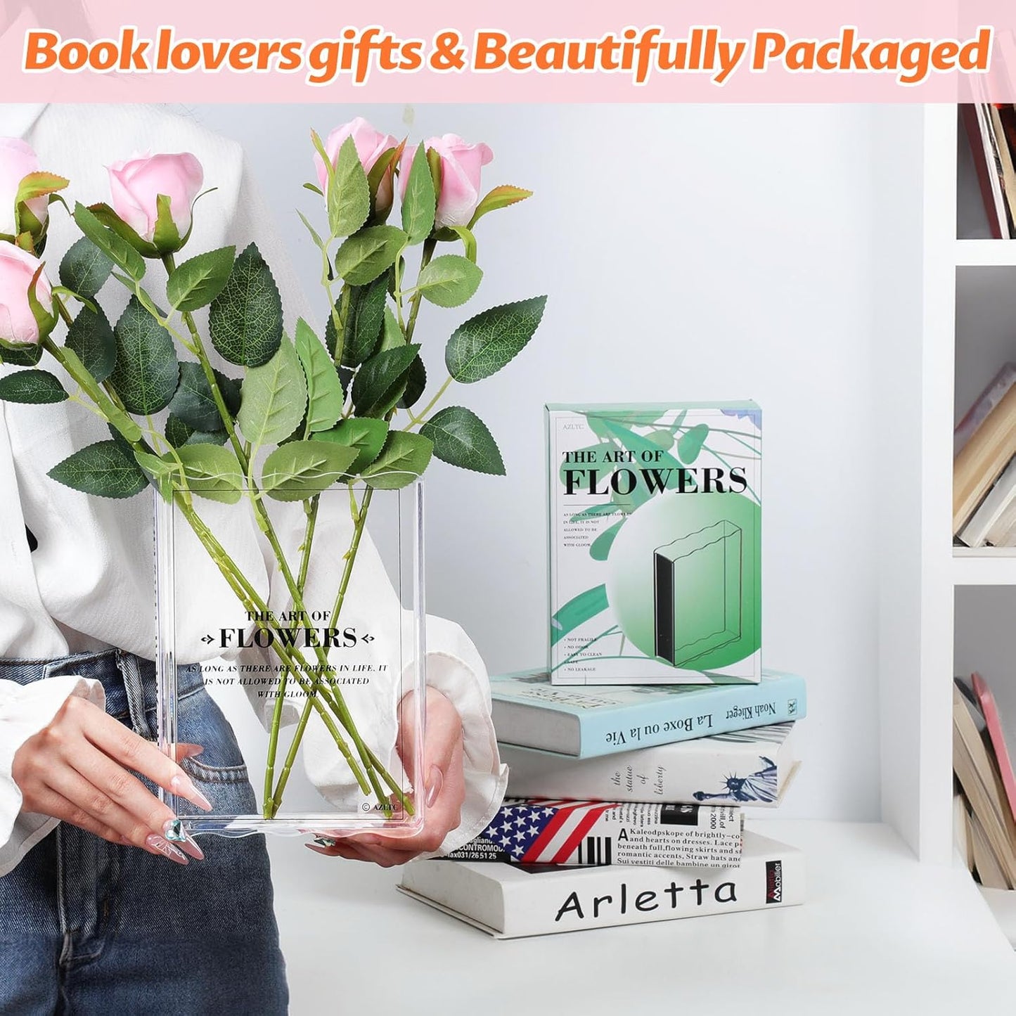 Book-Shaped Vase for Flowers, Book Lovers Gifts, Aesthetic Room Decor Cute Flowers Vases & Must-Have for Home, Bookshelf, Bedroom & Office Decor for Women & Teacher Gift - Like Mothers Day (Clear)