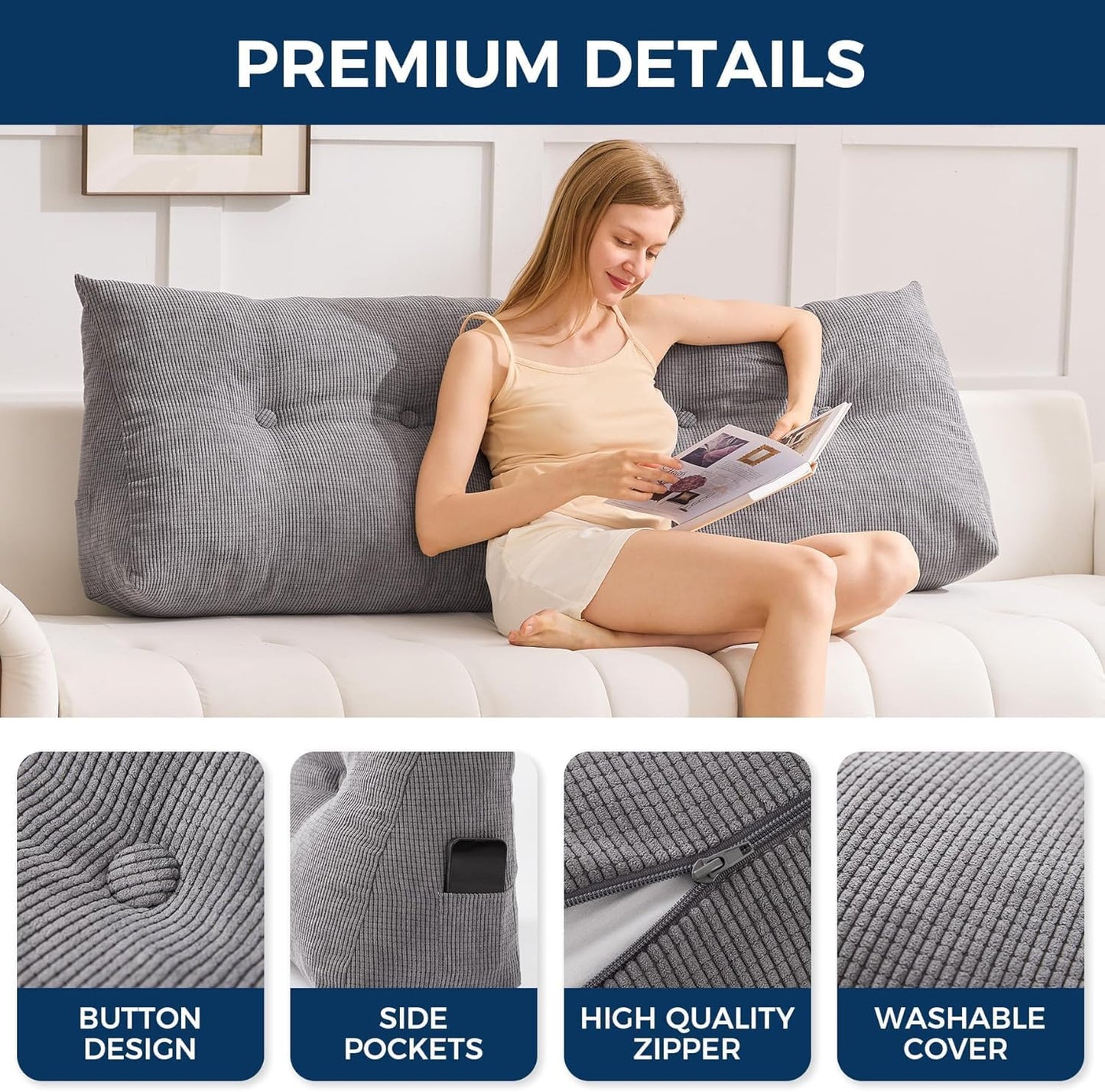 Headboard Pillow with Removable Cover, Corduroy Head Board Backrest Wedge Pillow Triangle Pillows for Headboard for Reading Sitting Working, Daybed Pillows for Bed Dorm Sofa
