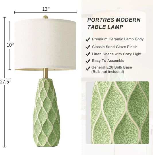 27.5" Ceramic Table Lamps for Living Room Bedroom Lamps Set of 2 Modern Boho Bedside Lamps Night Stands Farmhouse Vintage Large Nightstand Lamp Reading Light Home Office Dorm Desk Deco Gifts, Green