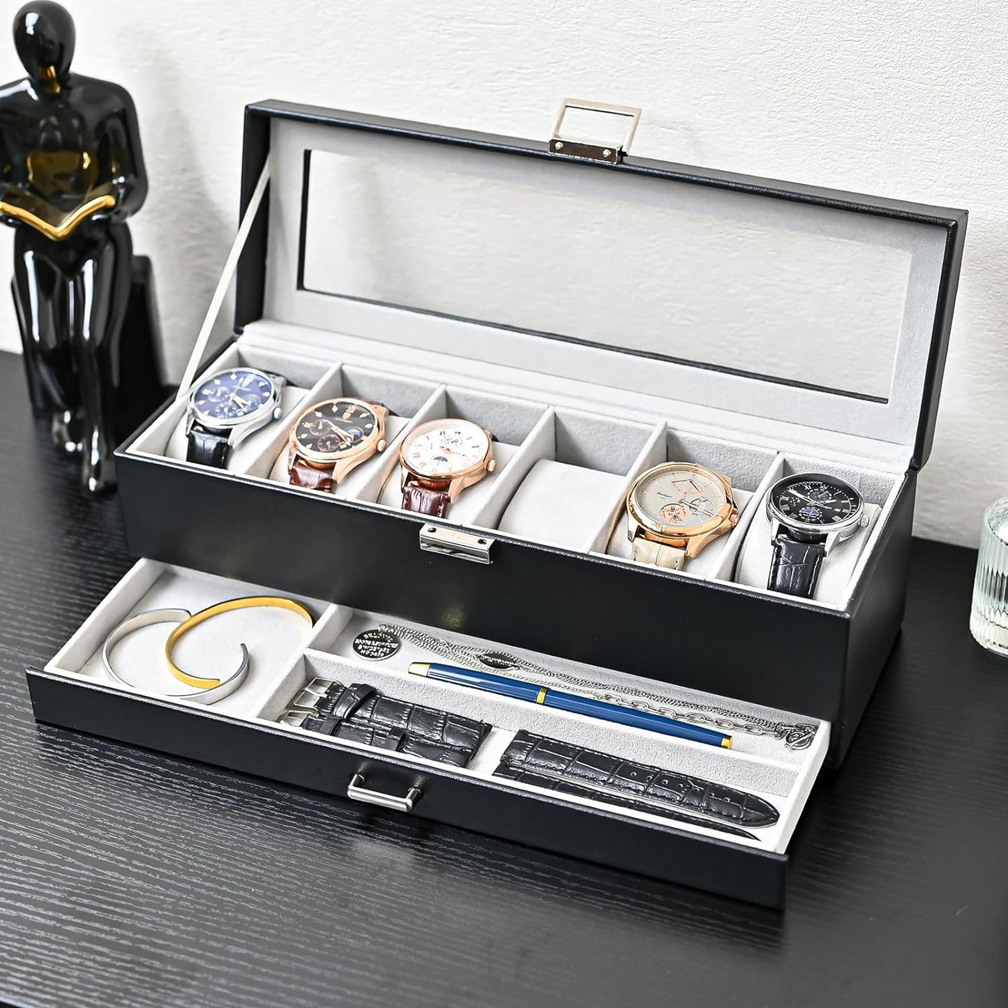 ProCase Watch Box, 6 Slot Watches Display Case with Drawer, Mens Watch Case with Glass Lid, 2-Layer Mens Jewelry Organizer Storage Holder, Birthday Valentine Gifts for Men -6 Slot, Black