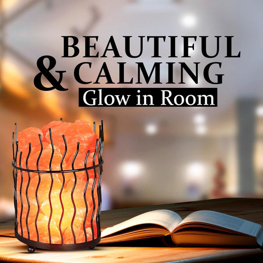 WBM Tall Round Metal Basket Salt Chunks lamp with Touch Dimmer Switch | 6-8 lbs, Salt Lamp, Ideal for Gift, Decor & Desk