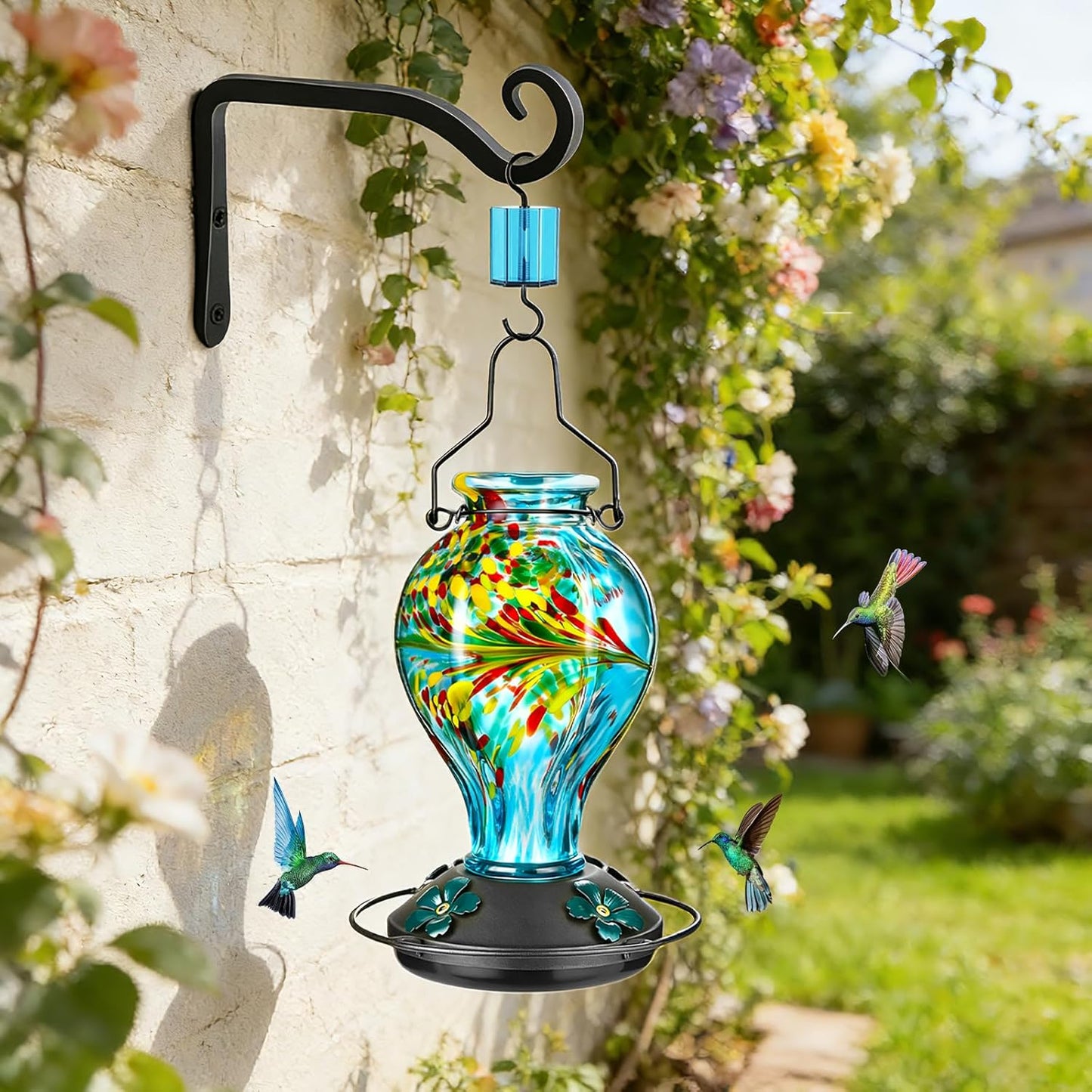 Hand Blown Glass Hummingbird Feeders for Outdoors Hanging, 24oz Wild Bird Nectar Feeder with Ant Moat and Perch, Bee-Resistant Ports, Garden Decor, Gifts for Women Mom, 1 Pack, Blue Phoenix