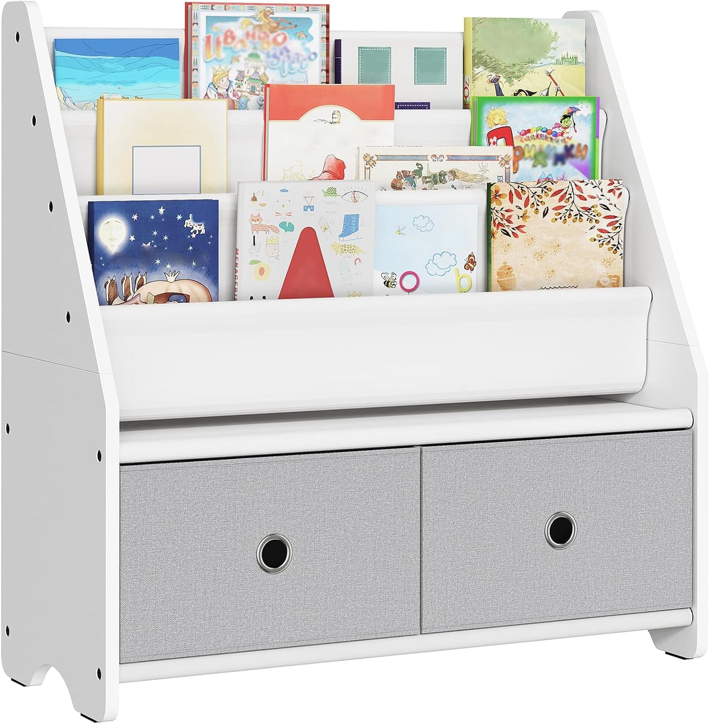 Kids Bookshelf and Toy Storage, 4 Tier Large Capacity Kids Book Rack, Sling Kid Bookcase, for Kids Room, Nursery, Playroom, White and Gray MCW06WT