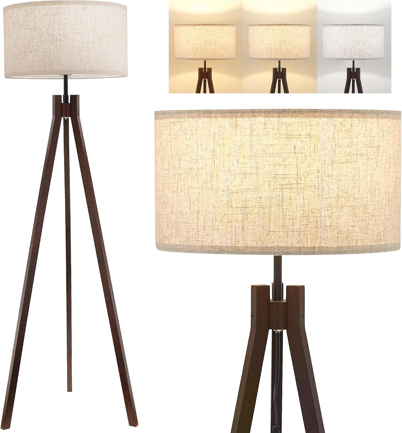 ELYONA Wood Tripod Floor Lamp for Bedroom, 3 Color Temperatures & Linen Shade, Modern Reading Standing Lamp with 9W LED Bulb, Mid Century Night Light for Farmhouse, Living Room, Office, Walnut