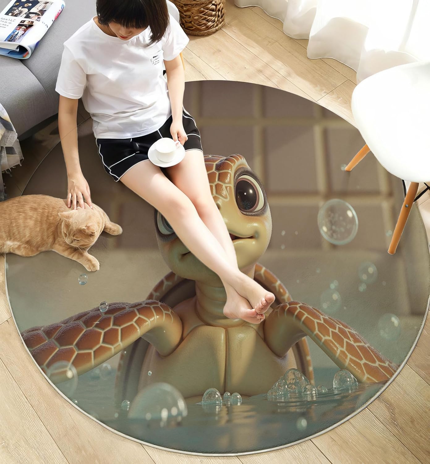 5Ft Round Washable Rug - Large Area Rug for Living Room Dining Room, Beige Soft Bedroom Carpet with Cute 3D Design Turtle Bathtub Pattern, Marine Animal Décor, Low Pile Stain Resistant