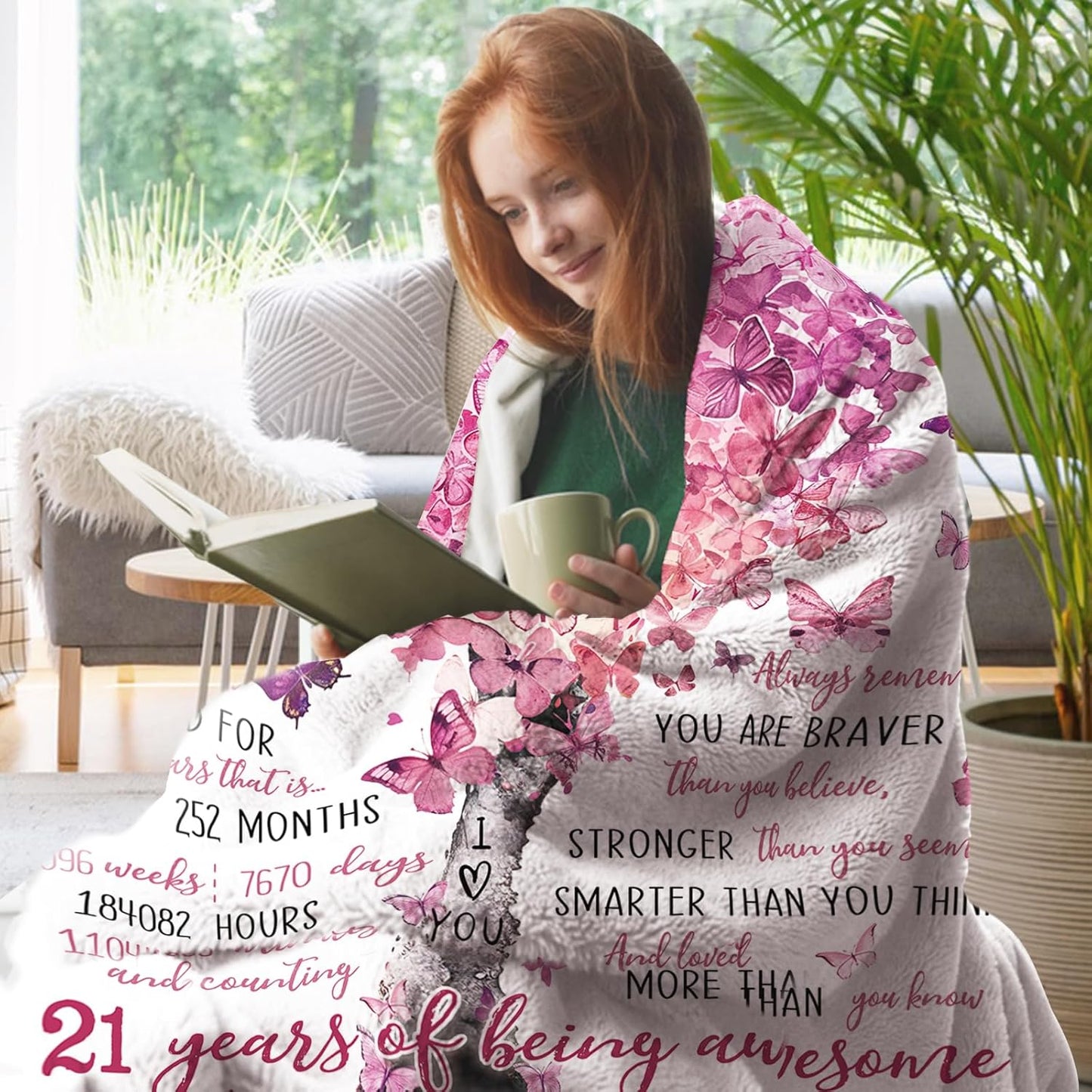 Happy 21th Birthday Gifts for Girls Flannel Throw Blanket, 21 Year Old Birthday Gift Ideas, Pink Love Heart Tree Present for Women Daughter, Girly Bday Soft Bedding Sofa Blankets 50'' x 60''