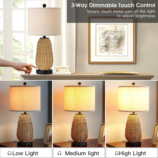Touch Control Rattan Table Lamp, 3 Way Dimmable Bedside Lamp for Bedroom with 2 USB Ports and AC Outlet, Nightstand Lamps for Living Room(LED Bulbs Included), Grass-1PK
