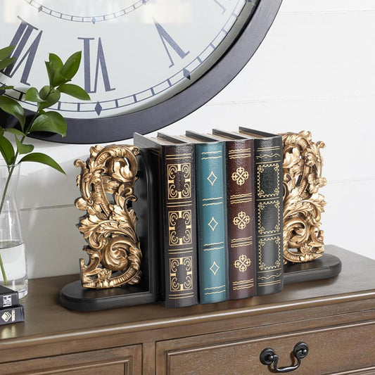 AELS Vintage Heavy Duty Bookends, Decorative Book Ends for Heavy Books, Unique Rustic Bookend Supports for Shelves, Stopper for Books/Movies/CD, Farmhouse Decoration, Bronze Gold & Black