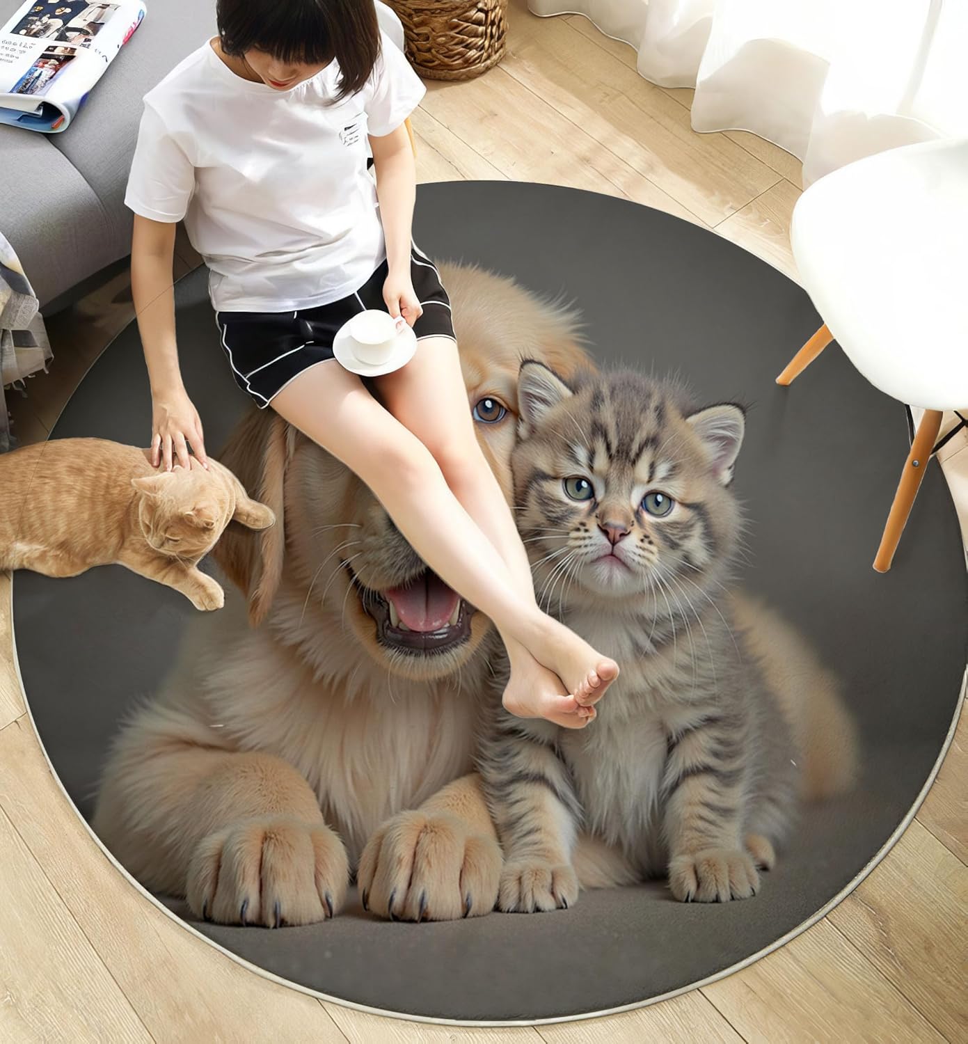 Washable Cute Golden Retriever Cat Area Rug, 5.25Ft Round Rugs for Living Room Soft Carpet for Bedroom Animal Theme Indoor Stain Resistant Non-Shedding Floor Carpet, Gray, 5.25Ft-Round