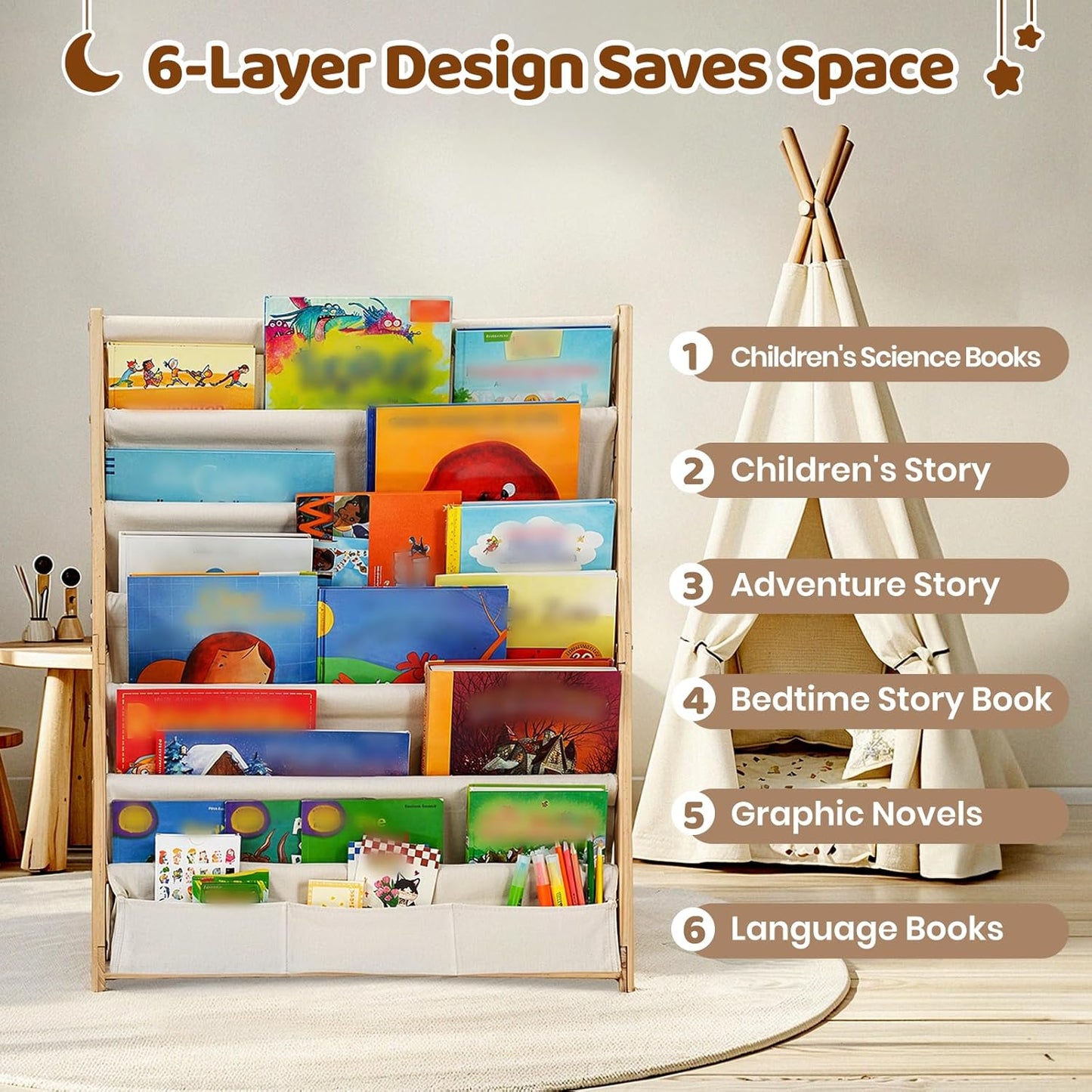 COSYLAND 7-Tier Kids Bookshelf - Wooden Sling Book Rack with Deep Pockets, Nursery & Playroom Organizer, Fabric Storage Shelf for Toddlers, Easy-Access Display, Natural Walnut