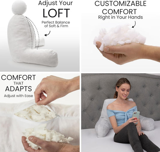 Husband Pillow Light Grey, Original Reading Pillow in Bed Rest Chair, Shredded Memory Foam Large Lounge Cushion Adult Backrest with Arms, Comfy Back Support for Sit Sitting Up, Wash/Removable Cover