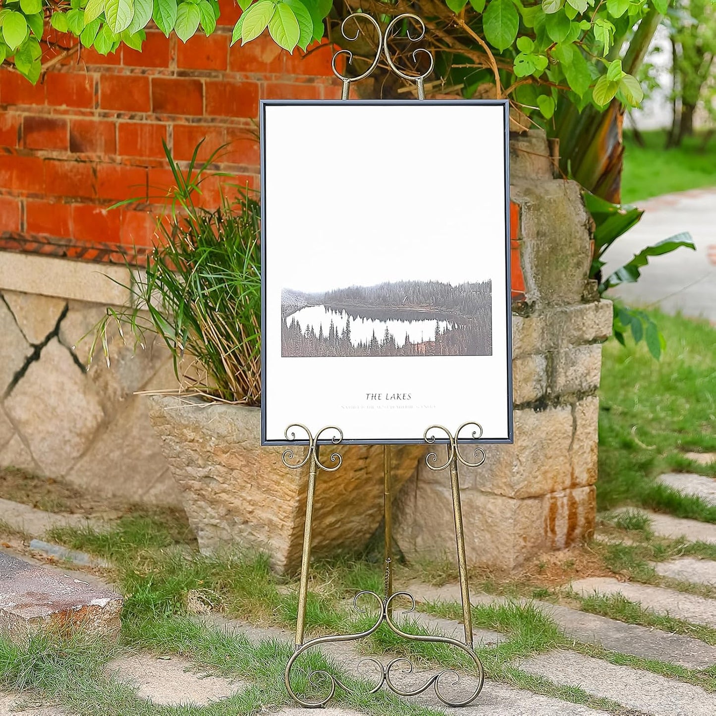 56" H Metal Scroll Extra Large Free Standing Adjustable Display Easel, Vintage Decorative Floor Display Stand Easel with Chain Support for Picture Frame Wedding Sign