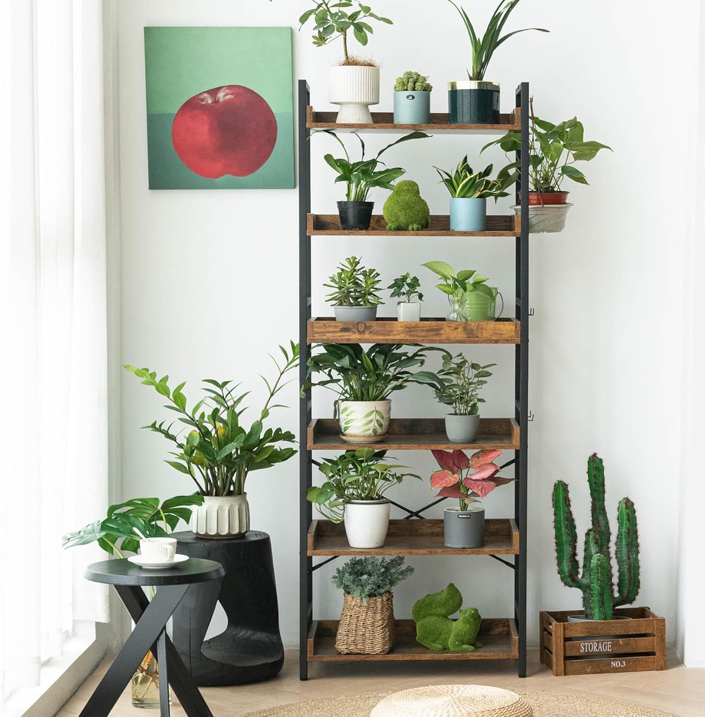 6-Tier Adjustable Open Bookcase — Industrial Wood & Black Metal, Rustic Farmhouse