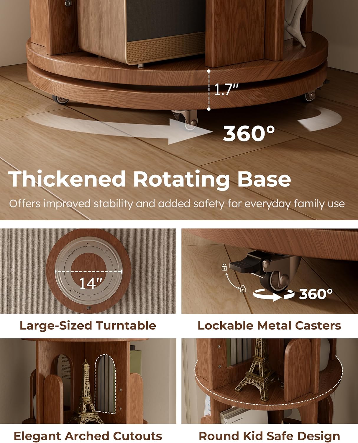 Solid Wood Rotating Bookshelf Tower, 6 Tier Corner Bookshelf with Bookends, Kids Spinning Book Shelf with Wheels, Revolving Bookcase Shelf, Tall Narrow Bookshelves for Small Spaces, Walnut