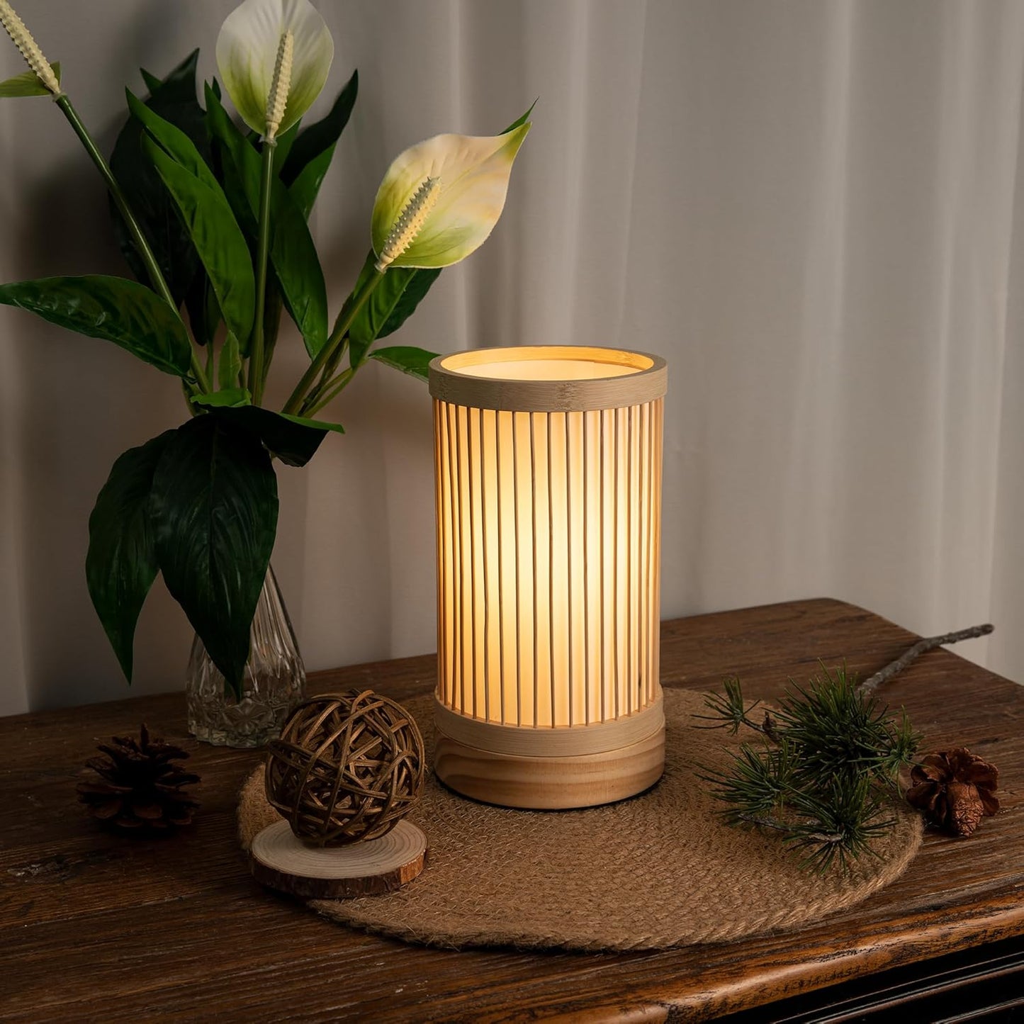Bamboo Table Lamp, Small Boho Rattan Lamp Decorative with Dimmable Light, Woven Bedside Lamp for Bedroom, Cozy Nightstand Desk Lamps for Cafe/Entryway/Tabletop/Shelf Decor
