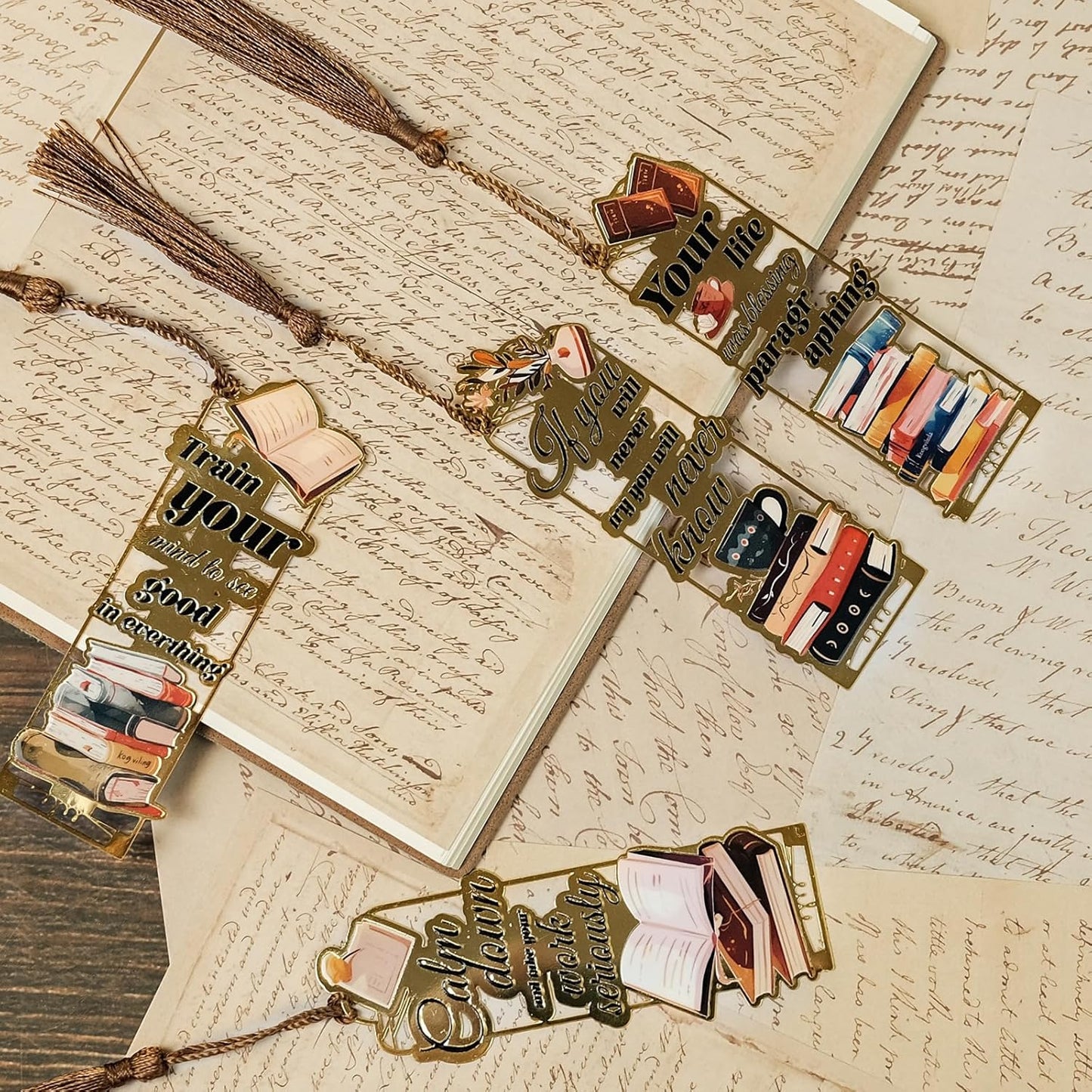 4-Pack Metal Golden Hollow Inspirational Bookmarks with Tassels – Vintage Book Lover's Gift, Motivational Quotes Book Marks for Reading Enthusiasts, Students, Teachers, Men, Women