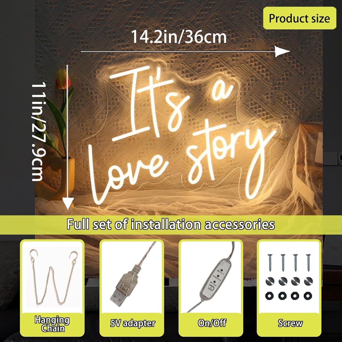 It's a Love Story Neon Signs for Wall Decor, 14.2 * 11 Inches Light Up Sign for Wedding, Engagement Decor,Dimmable Aesthetic Party Birthday Bedroom Bar Pub Club Wall Decor Decorations, INSNEnN