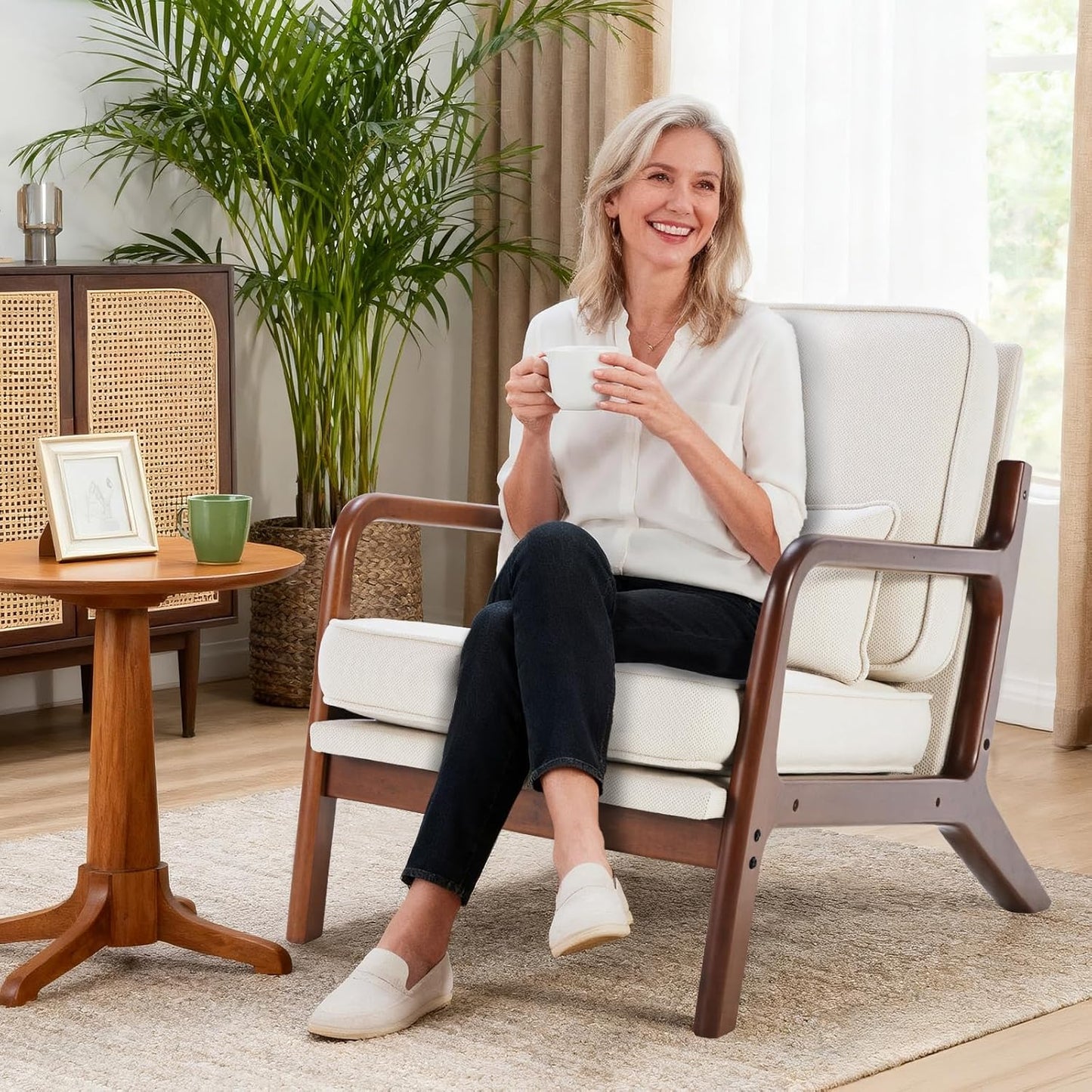 DUMOS Mid Century Modern Chair Set of 2, Accent Chair with Arms and Waist Cushion, Reading Chairs for Adults, Lounge Chair for Living Room and Bedroom, Solid Wooden Frame, Beige