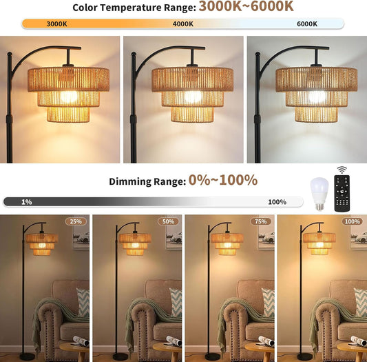 Boho Floor Lamp for Living Room Bedroom with Remote,Arc Farmhouse Floor Lamps with 3 Color Temperature,Rustic Standing Lamp with 3-Tier Rattan Wicker Shades,Adjustable Tall Lamp for Office,Corner