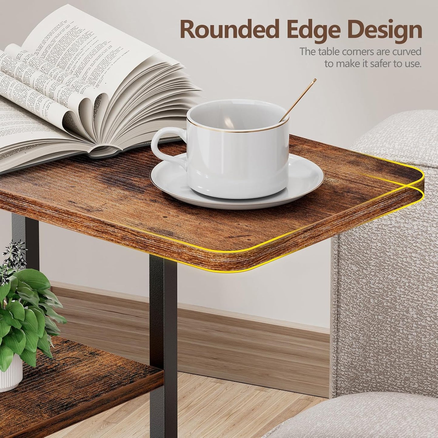 C-Shaped End Table with Charging Station — 3-Layer, Storage Bag, AC Outlet, USB Ports, Slide-Under Sofa Desk