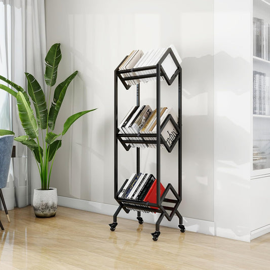 Bookshelf Book Cart Rack Industrial Metal Bookcase 3 Tier Holder with Wheels Modern Stylish Design Magazines Files Album Recipe Book Storage Organizer for Sofa End Bed Beside (3 Tier)