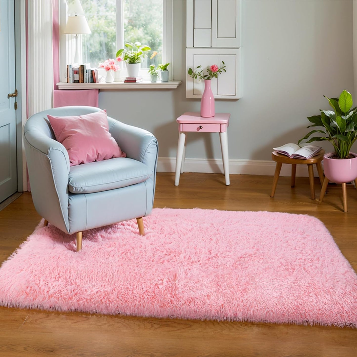 Thick Area Rug 5x7 Pink Fluffy Shag – Ultra Soft Plush Fuzzy Washable Thickened Non-Slip Fuzzy Carpet for Girls Bedroom Living Room, Modern Furry Shaggy Rug for Kids Nursery Boys Dorm Room