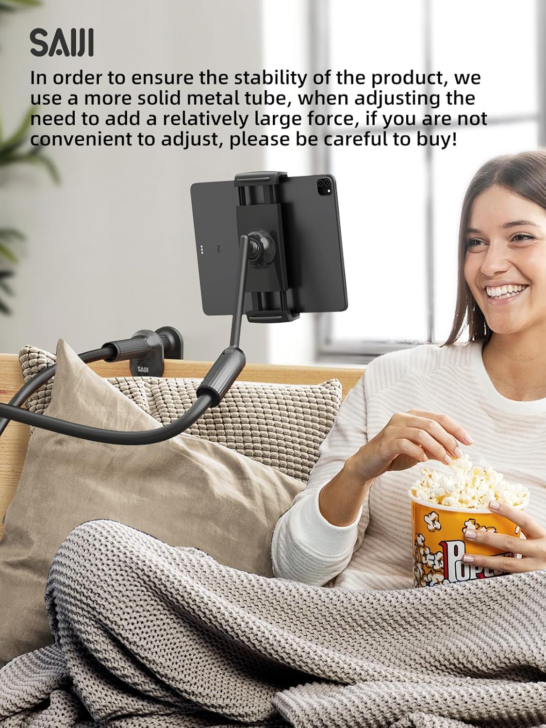 SAIJI 47" Gooseneck Kindle Holder, Tablet Holder for Bed with Upgraded Base, iPad Stand with Flexible Lazy Arm, Compatible with iPad mini Pro Air, Kindle, Galaxy or Other 4.7-11" Device (Black)