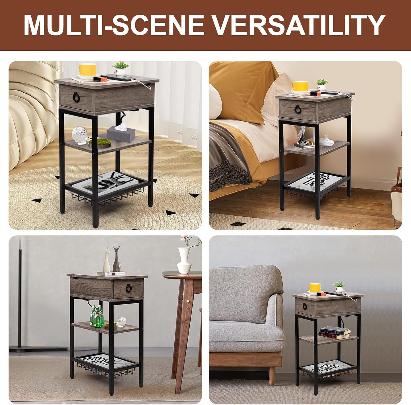 Small Gray Side Table Charging Station for Bedroom, Narrow Grey Living Room End Tables with Storage, Skinny USB Nightstand with Outlet, Gaming Coffee Table for Couch with USB Ports