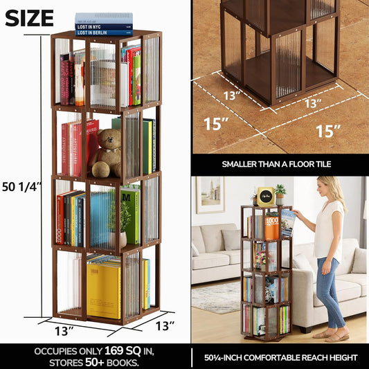 BAMEOS Rotating Bookshelf Tower 4 Tier, 360 Spinning Bookcase with Solid Wood Frame & Bamboo Finish, 4-Component Easy Assembly Corner Book Shelf for Small Spaces, Office, Bedroom, Living Room