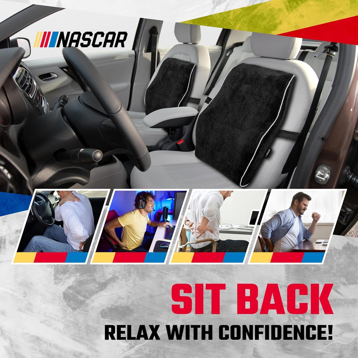 NASCAR Lumbar Support Pillow for Office Chair, Car, Gaming Chair, Home | Contoured Ergonomic Back Support | Premium Memory Foam | Breathable & Washable Jaquard Velvet Cover w/Adjustable Strap, Black
